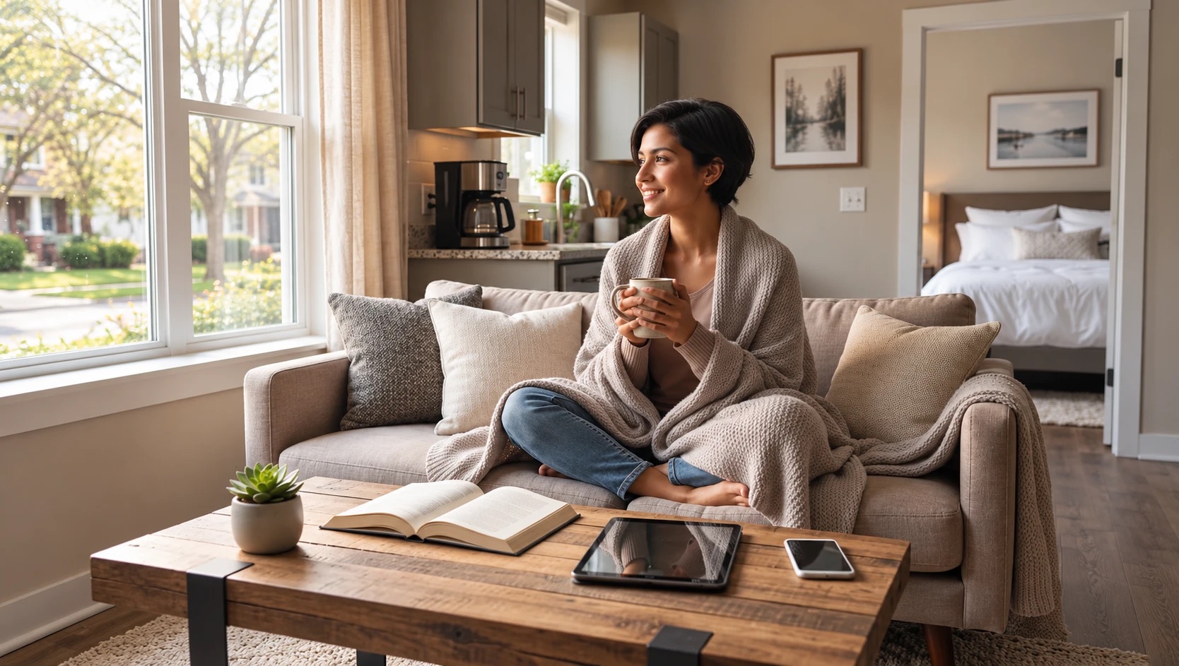 A woman in a cozy sweater smiling with a mug of coffee on a sofa in a bright furnished living room, with a kitchen and bedroom behind her